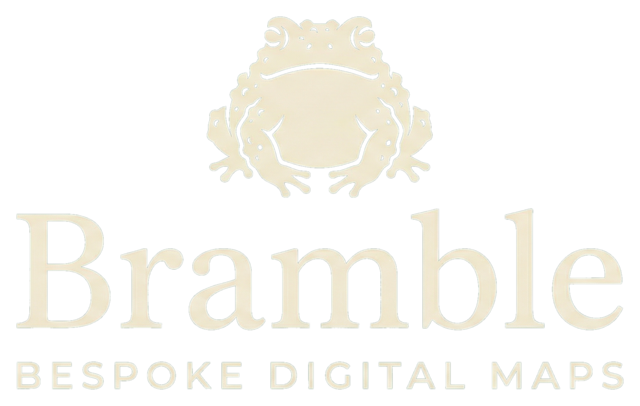 Bramble logo, a toad illustration above the word Bramble in serif type